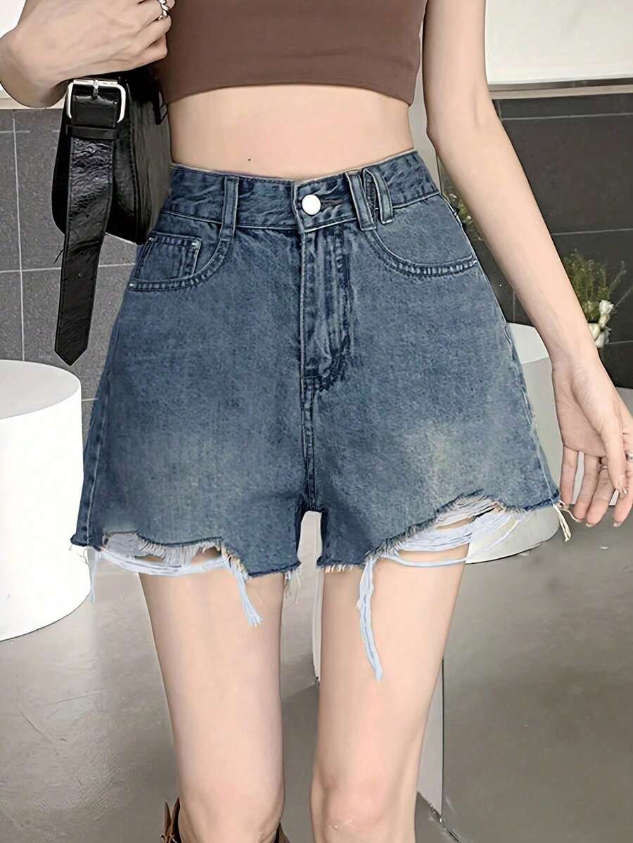 女款時尚破洞極簡輕量牛仔短褲休閒夏季款 - 深色水洗藍 - 查看 1