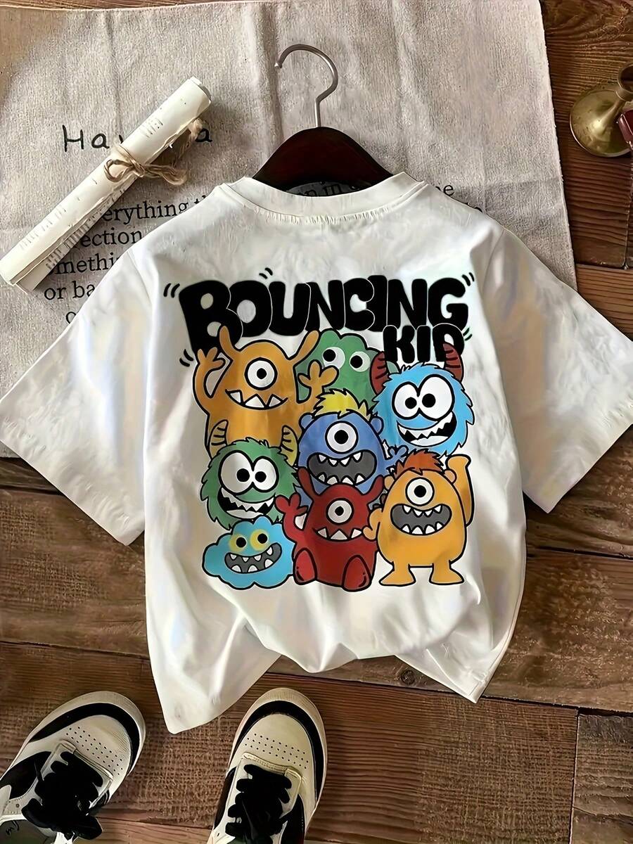 Fun Bouncing Kid Monster Crew Graphic Tee Women Oversized Round Neck Short Sleeve Casual Cartoon Character Daily Wear Tops - White - View 1