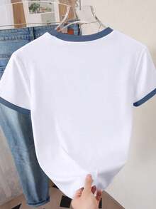 Camiseta de mujer de cuello redondo con estampado de lunares, rayas y corazones - Blanco 5 - Ver 2