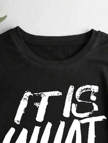 Women's Casual, Versatile, Short-Sleeved T-Shirt With Round Neck And Slogan Print, Summer Color, Pure-Cotton - Black - View 6