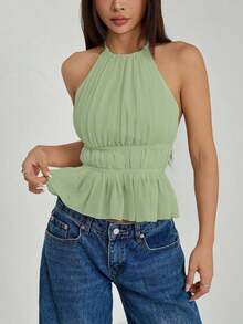 Top de tirantes sin espalda con cuello de halter y cintura anudada plisada para mujer - Verde - Ver 7