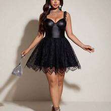 Galaire Women's Spring/Summer/Autumn New Slim Fit Elegant Sexy Lace Patchwork Ribbon Knit Tight Camisole Mesh Lace Sheer Sexy Dress, Casual Minimalist Textured Fabric High-End, Suitable For Vacation, Dating Sexy Birthday Dress Slay Diva Dress Black Mesh Dress Black Bustier Dress Black Corset Dress Nightclub Dress Women's Dress Party Dress For Women Wow Dress Sexy Short Dress Tutu Dress Black Party Dress - Burdeos - Ver 5