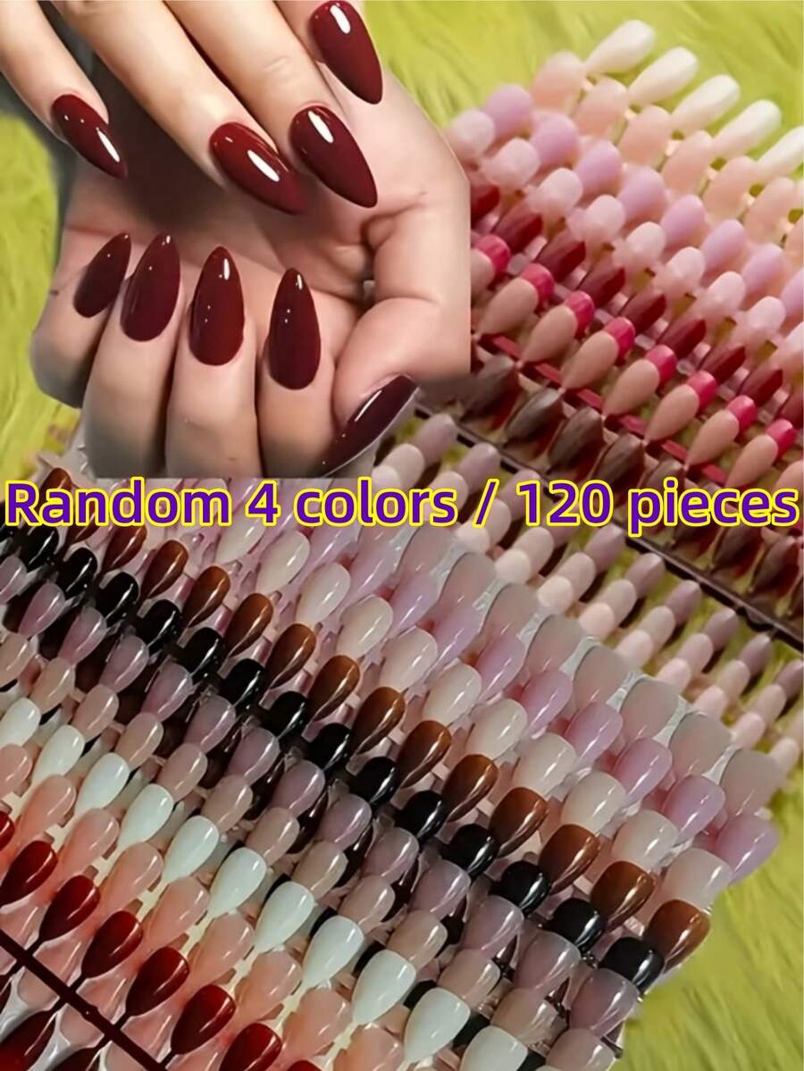 120pcs Random Mixed 4 Colors [Same Design Different Colors] Short Almond Shaped Glossy False Nails, Various Beautiful Colors, Create Eye-Catching Manicure Art, Suitable For Women On Holidays, Parties, Daily Wear