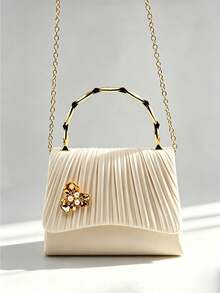 Beige Pleated Evening Clutch Bag With Pearl Flower Decor & Bamboo-Style Metal Handle, Detachable Chain Crossbody Purse For Wedding & Cocktail Party - Apricot - View 5