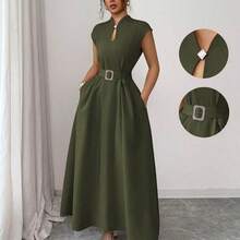 Elenzya Women's Elegant Casual Commute Vacation Afternoon Tea Valentine's Day Party Solid Color Keyhole Neck Sleeveless Waist Ruched Buckle Belt Flared Hem Pockets Dress, Spring/Summer Long Dress With Pocket Women's Dress Formal Wear High Quality Dress Wommen Dress Women Dresses Elegant Classic - Negro - Ver 8