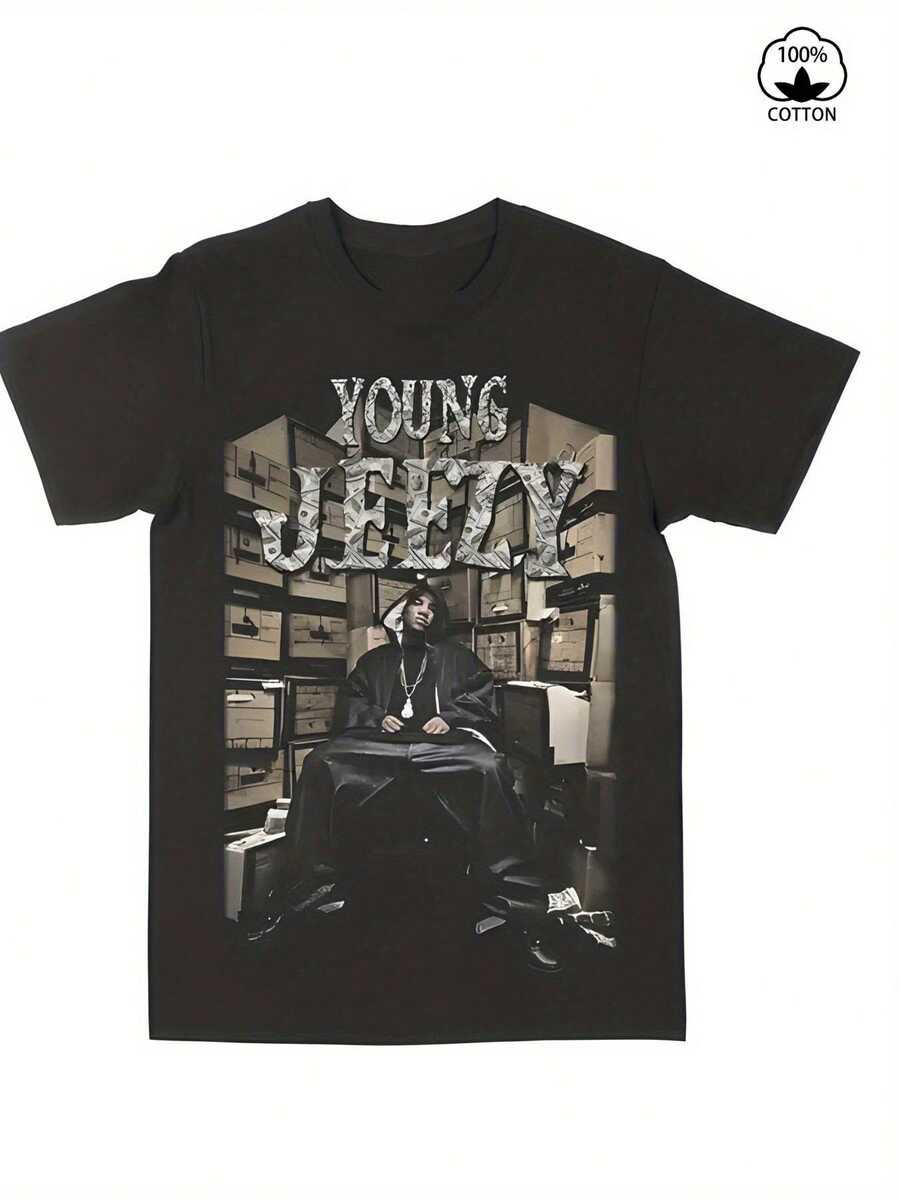 deekaYoung Jeezy Vintage Hip-Hop Grafik-T-Shirt, 100% Baumwolle, Rundhalsausschnitt, kurze Ärmel, lässige Streetwear-Kleidung mit auffälligem Young Jeezy-Print, perfektes Geschenk für Fans, angenehm zu tragen in allen Jahreszeiten, bequemes Hip-Hop-T-Shirt, Streetwear-T-Shirt, langlebige Druckqualität, urbaner Stil, atmungsaktives Material, für Musikliebhaber, locker und bequem. - Schwarz - Übersicht 1
