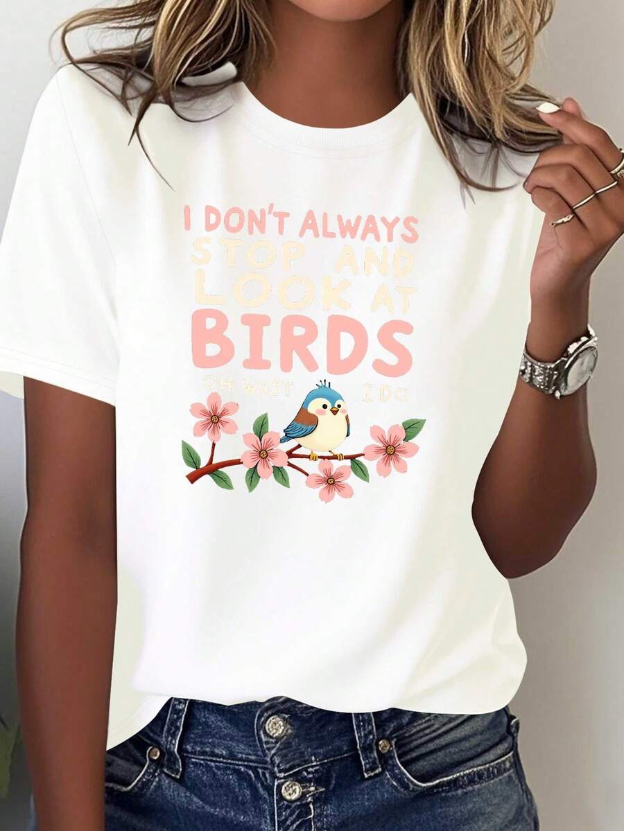 Camiseta de Mujer Pura y Cómoda con Diseño de Flores y Aves