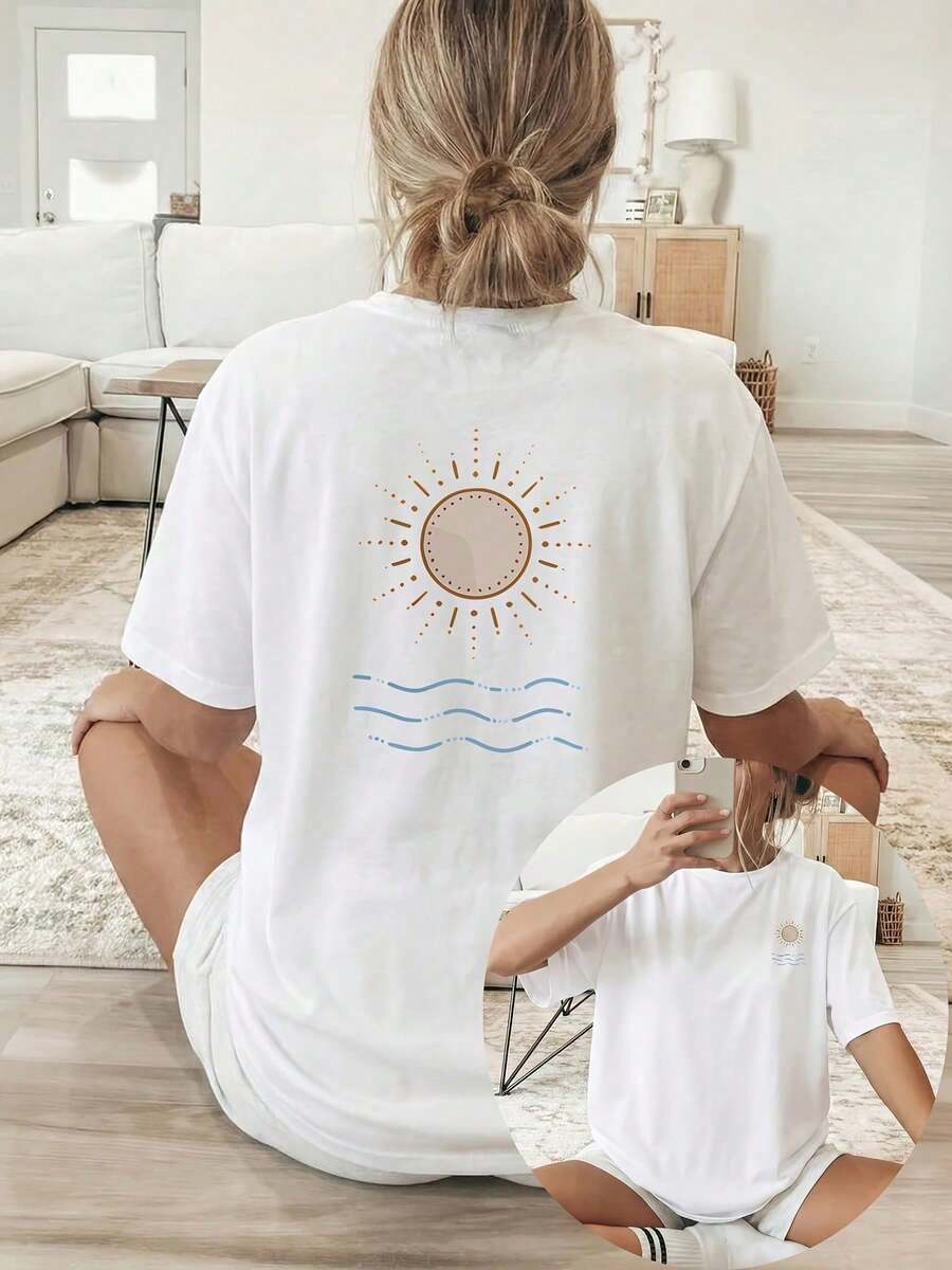 [Double-Sided Print] Women's Spring/Summer Loose Casual Clothing, Short-Sleeve Crew Neck T-Shirt, Sun And Wave Print - Vintage Urban Style, Unisex Cotton Loose Short-Sleeve Crew Neck T-Shirt - 白色 - 查看 1
