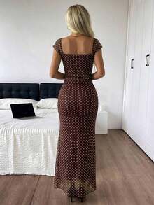 Vestido de verano de cola de pez con dobladillo largo y puntos polka de malla para mujer - Marrón - Ver 2
