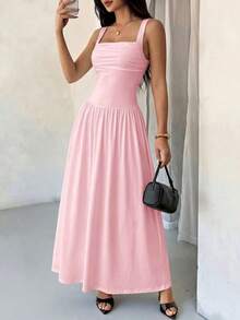 Vestido evasé de unicolor marrón café con cuello cuadrado elegante para mujer, primavera/verano - Rosa - Ver 3