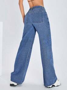 ICON Solid Color Wide Leg Pocket Jeans, Casual And Versatile - Dark Washed Blue - View 10