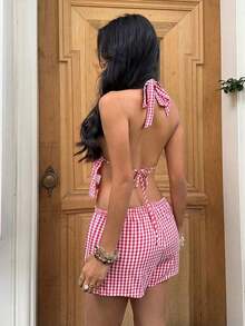 SunnyBelle Top sin espalda con escote profundo en V de cuello halter a rayas azul y blanco de lino, y shorts casuales sueltos con cordón a la cintura, conjunto veraniego sexy, lindo, elegante y romántico para mujer - Rojo y blanco - Ver 2