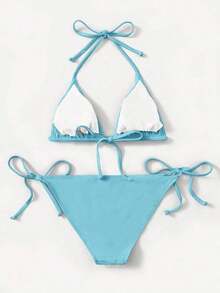 Women's Simple Solid Color Swim Bikini With A Halter Neck And Cutout, Suitable For Beach Vacations And Summer. - Blue 3 - View 2