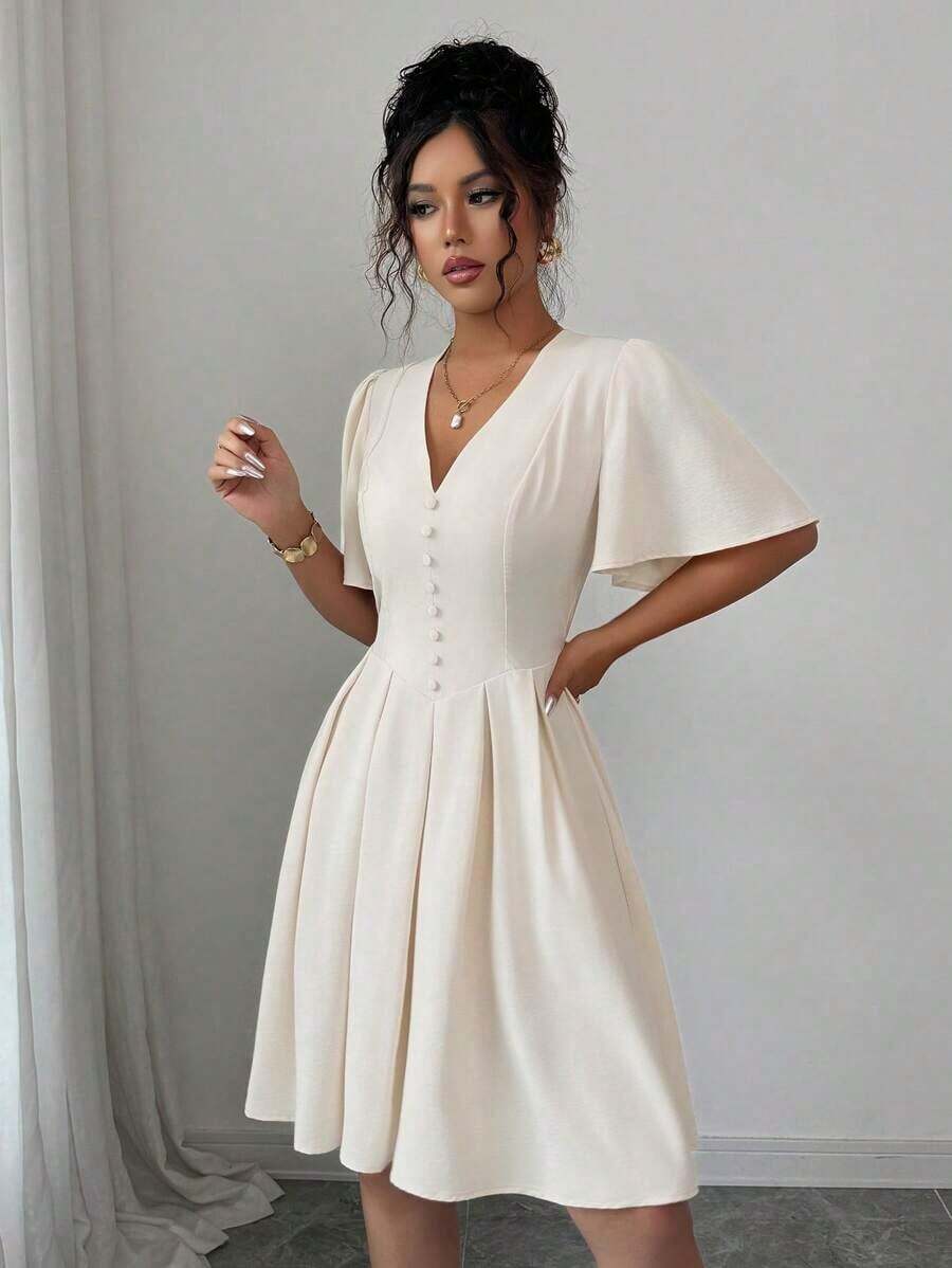 Vestido corto casual y elegante para mujer con cuello en V, mangas con volantes, botones decorativos en el bajo, cintura elástica, adecuado para primavera/verano, ir al trabajo, vacaciones, té de la tarde, fiestas - Albaricoque - Ver 1