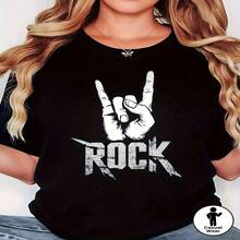 Camiseta con estampado de texto y gesto de mano de roca, manga corta de primavera y verano para mujer, cuello redondo casual, festival de música, temporada de salidas informales - Negro - Ver 1
