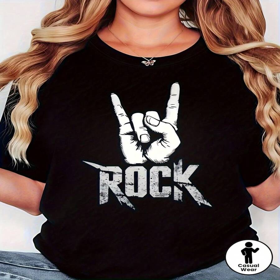 Camiseta con estampado de texto y gesto de mano de roca, manga corta de primavera y verano para mujer, cuello redondo casual, festival de música, temporada de salidas informales - Negro - Ver 1