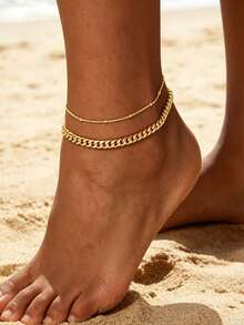 2pcs Stainless Steel 18K Gold Plated Beach Style Chain Anklets, Suitable For Women's Daily And Beach Wear - Multicolor - View 6
