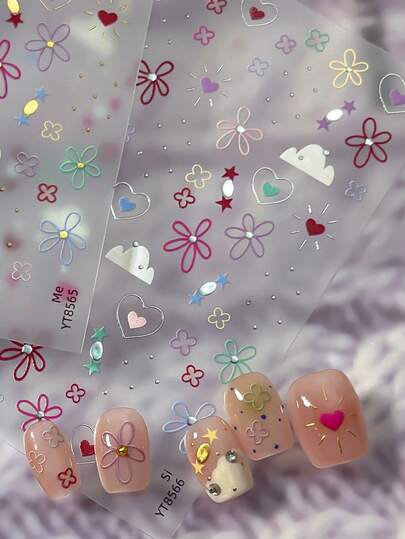1Sheet Kawaii Colorful Flower Nail Art Stickers Waterproof Crystal Accent Silver Foil Pattern Nail Decals For Women