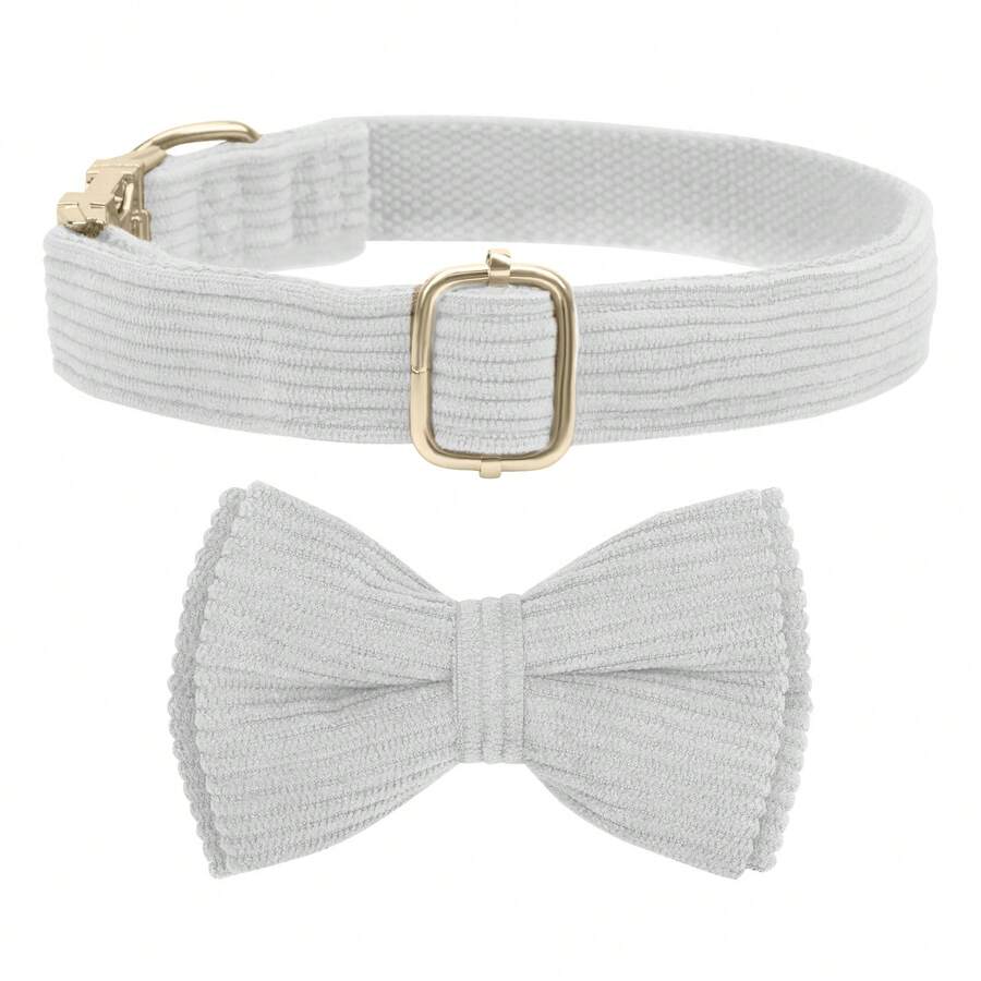 Corduroy Dog Collar With Dog Bow Tie, Soft Quick Release Basic Dog Collars For Small Medium Dogs, Large Dogs, Adjustable Dog Collar - White - View 1