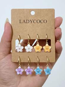 LADYCOCO 4对/套 时尚珐琅设计幸运多色四叶草和花朵吊坠耳环，女士日常佩戴 - 彩色 - 查看 7