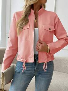 Women's Lightweight Stand Collar Bomber Jacket - Fashionable Zip-Up Flight Jacket With Decorative Front Pockets And Adjustable Drawstring Hem, An Ideal Casual Street Style Outerwear For Spring And Autumn. Pink - Pink - View 2