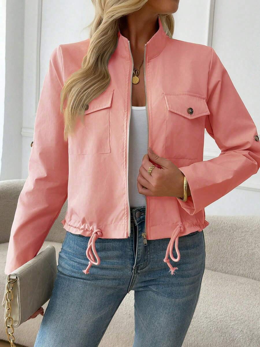 Women's Lightweight Stand Collar Bomber Jacket - Fashionable Zip-Up Flight Jacket With Decorative Front Pockets And Adjustable Drawstring Hem, An Ideal Casual Street Style Outerwear For Spring And Autumn. Pink