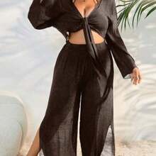 Swim Lushore Plus Size Women's Plain & Simple Daily Chiffon Kimono Cover Up Summer - Marrón - Ver 1