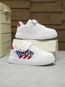 YAMEPP Kids' Colorblock Graffiti White Sneakers, Spring/Summer Canvas Lightweight Hook And Loop Campus Sports Shoes, Colorblock Letter Children's Flat Shoes, Star & Stripe Print White Sneakers, Student Casual Flat Shoes - Red and White - View 6