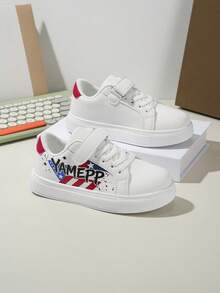 YAMEPP Kids' Colorblock Graffiti White Sneakers, Spring/Summer Canvas Lightweight Hook And Loop Campus Sports Shoes, Colorblock Letter Children's Flat Shoes, Star & Stripe Print White Sneakers, Student Casual Flat Shoes - Red and White - View 4
