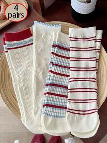 4 Pairs Retro Blue & Red Striped Korean Style Sweet Heart Lace Trim Mid-Calf Socks - Multicolor - View 9