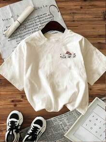 [Double-Sided Print On Front And Back] Women's Casual Fashion T-Shirt For Spring And Summer, Retro Style With Floral And Mushroom Print, Round Neck, 100% Cotton, Soft Fabric, Short Sleeve - 杏色 - 查看 2