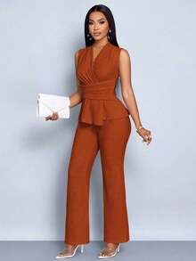 Conjunto de dos piezas de camiseta de manga larga con cuello en V elegante y pantalones de pierna ancha de color albaricoque, con dobladillo asimétrico, para uso diario y casual de mujer en primavera y verano, con opción de manga corta o sin mangas - Marrón - Ver 8