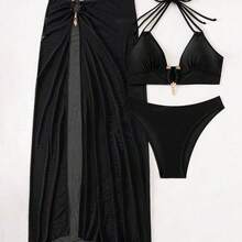 Swim  3pcs Women Halter Vacation Swimwear Set - Bikini Top, Bikini Bottoms, And Cover Up Skirt Summer - Negro - Ver 4