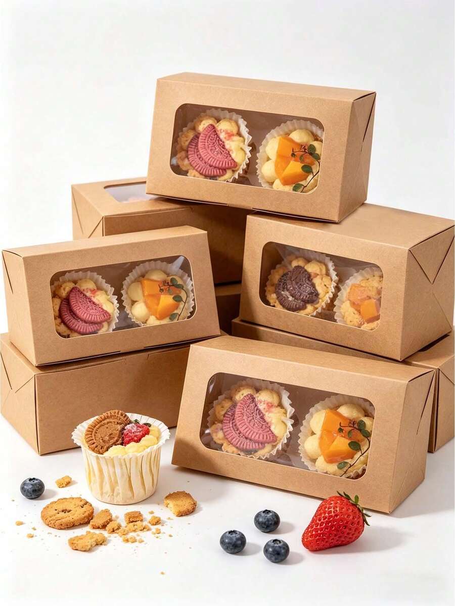 4个/8个/12个/24个装牛皮纸开窗饼干/糕点盒，2个装饼干盒，烘焙包装盒，开窗糖果盒，无提手礼品盒，雪花蛋糕盒，派对糖果盒，家用烘焙盒，节日礼品盒 - 棕色 - 查看 1