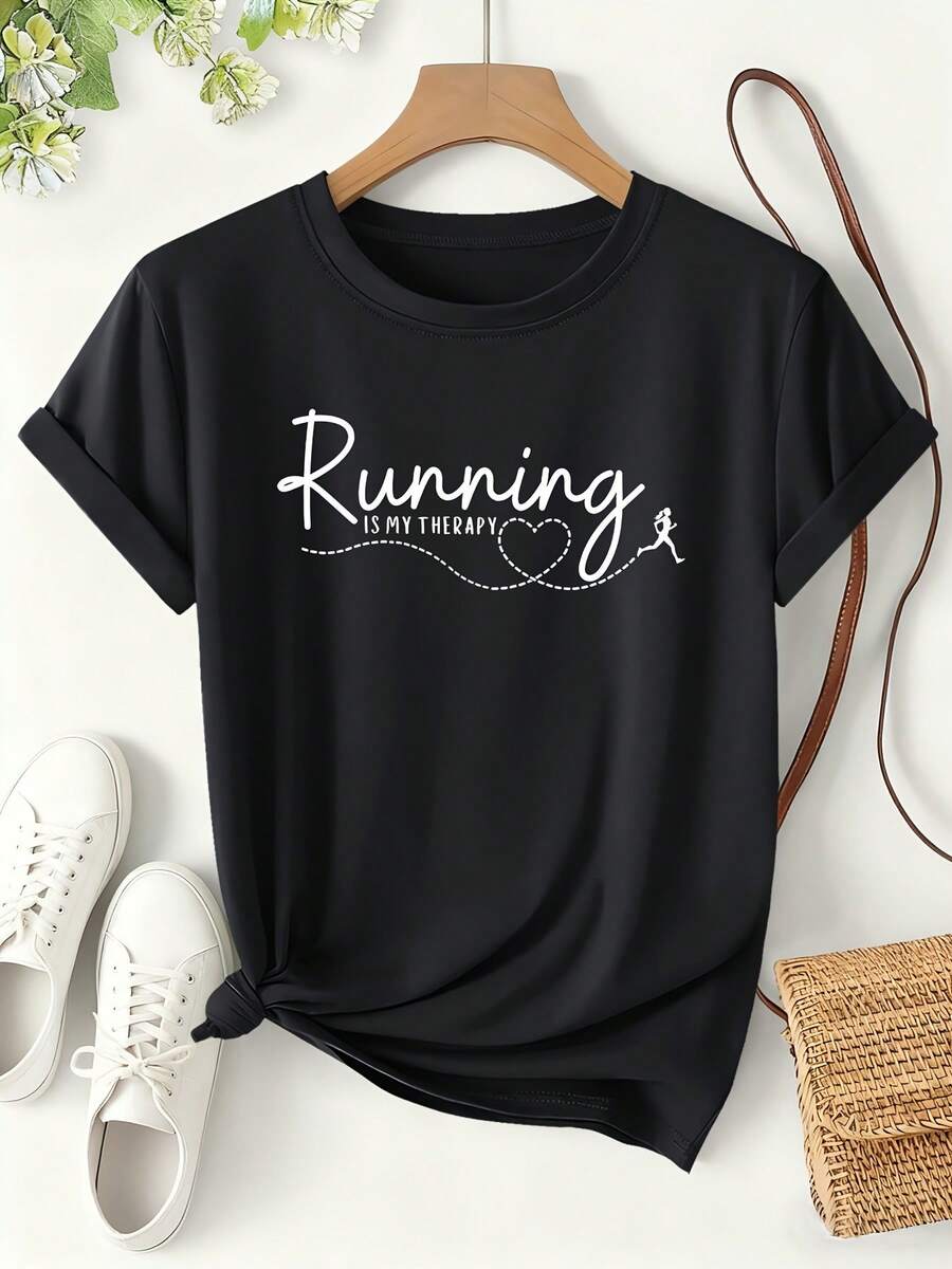 Women's Printed T-Shirt "Running Is My Therapy", Spring/Summer Fashion T-Shirt, Short Sleeve Sporty Loose And Slimming For Fitness And Everyday Wear, Versatile And Modern Design With Fun Slogan, Women's Clothing - 黑色 - 查看 1