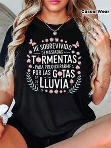 Camiseta con Estampado "Spanish Survived Storms" para Mujer, Primavera-Verano, Manga Corta, Cuello Redondo, Casual, para Uso Diario, Regalo para Vacaciones - Negro - Ver 2