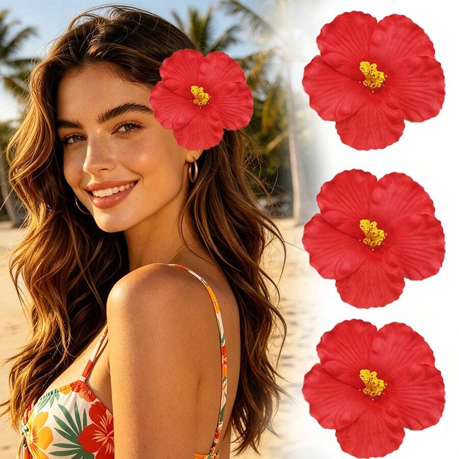 3 chiếc kẹp tóc hình hoa, kẹp tóc hoa thời trang kiểu Hawaii, phụ kiện tóc cho kỳ nghỉ hè, tiệc bãi biển, trang trí tóc cho nữ, đạo cụ chụp ảnh bãi biển. - Đỏ - Xem 1