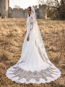1 Pc Mantilla Cathedral Length 3M Wedding Veil Soft French Lace Applique Edge Ivory Bridal Veil With Comb For Bride - Ivory - View 3