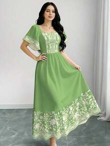 Vestido de manga corta con cuello cuadrado y estampado floral, vestido de longitud media con cintura ceñida, vestido marrón con estampado floral - Multicolor 5 - Ver 4