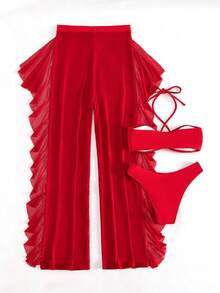 Swim Conjunto de bikini separado de 3 piezas, inalámbrico, para verano 2025 - Rojo - Ver 5