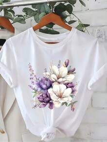 Women's Casual Short-Sleeved T-Shirt With A Purple Floral Print, White And Pink Details, And A Relaxed Crew Neck. It's Machine Washable, Comfortable For Any Season, Easy To Care For, And Suitable For Spring, Summer, And Fall. Vintage Urban Style, Unisex, Cotton, Short Sleeves, And Crew Neck. - 白色 - 查看 1