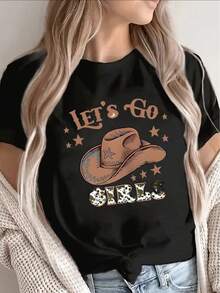 Lightweight And Durable Short-Sleeved T-Shirt With A Fun Western Cowboy Hat Design, Ideal For Casual Outings, Parties, Outdoor Activities Or Everyday Wear, Offering A Comfortable Fit And A Bright Print - 黑色 - 查看 6