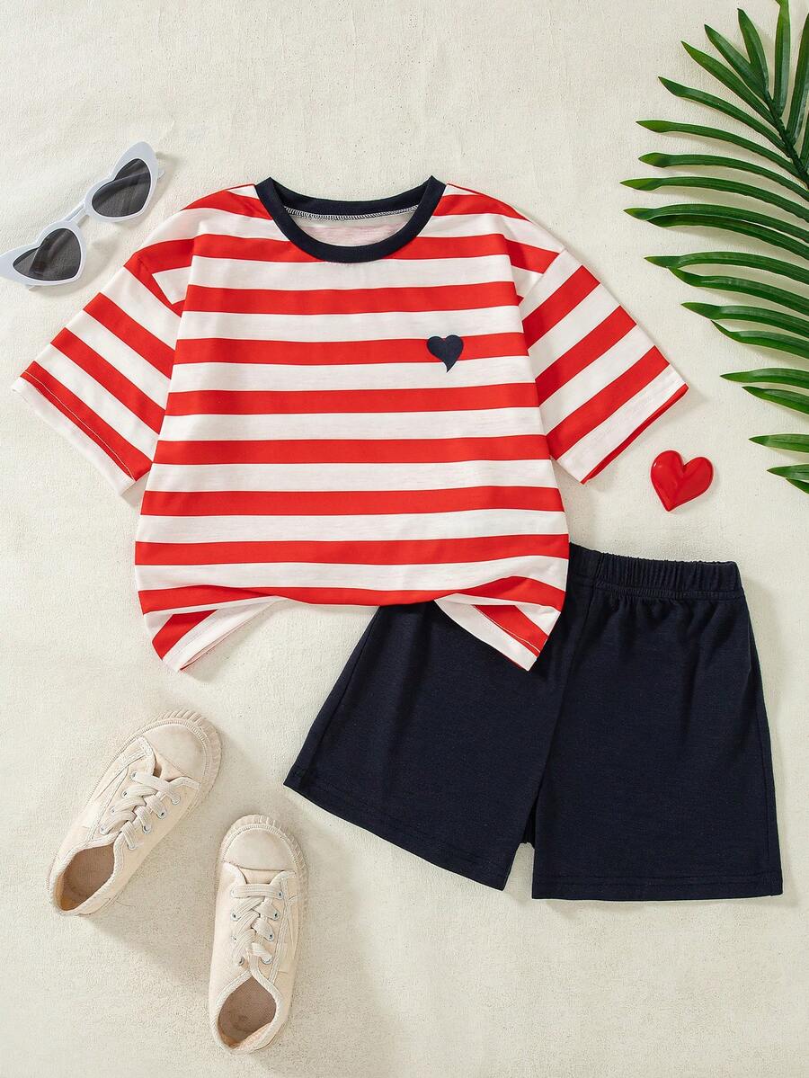 2pcs/Set Girls Casual Striped Print Decor Raglan Sleeve Top And Solid Color Shorts Set, Spring/Summer - Red - View 1