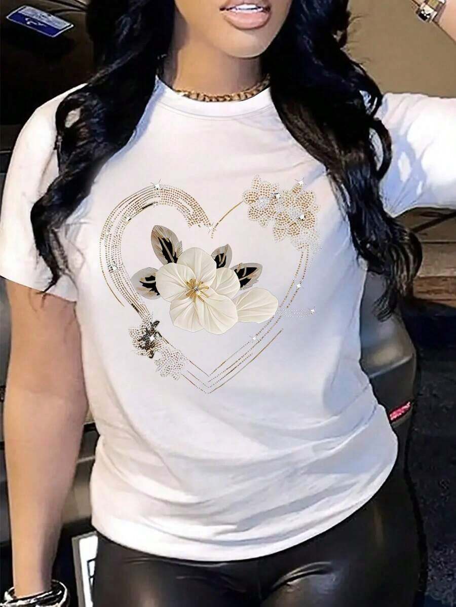1 Pieza de Camiseta Casual de Moda para Hombres y Mujeres, con Estampado de Corazones y Flores, Cuello Redondo, Versátil para el Verano, Fácil de Combinar, para Uso Diario, Estilo Urbano, Ropa de Vacaciones, Ropa de Fin de Semana. - Blanco 2 - Ver 1