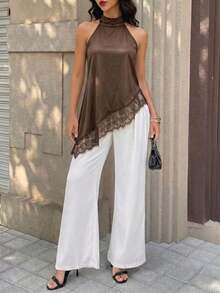 Top de tirantes negro para mujer, bajo asimétrico, diseño sin espalda, con ribete de encaje en contraste, longitud regular para verano - Café integral - Ver 6