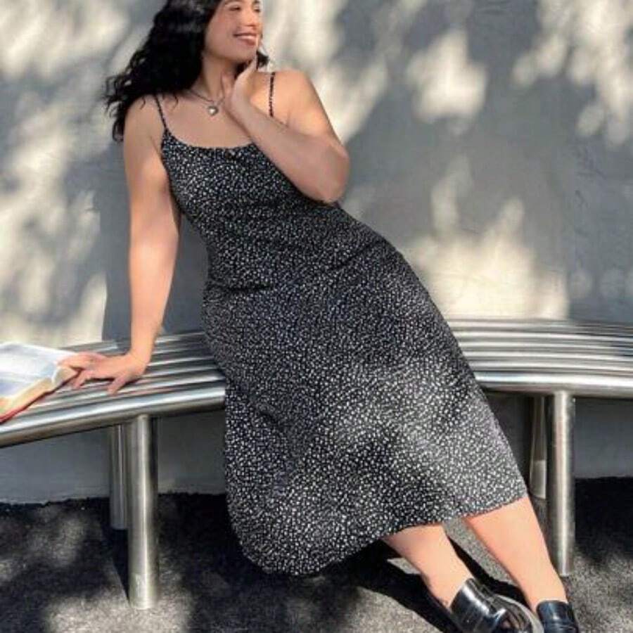 Plus Size Woven Navy Blue Background White Floral Print Dress,Beach Dress Sundress,Holiday Outfits Boho - Blanco y Negro - Ver 1