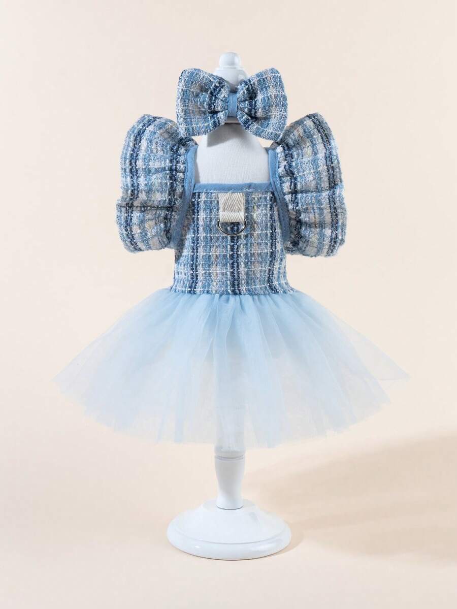 1 Set Vestido de Tul para Mascotas con Moño, Vestido de Boda Impreso Lindo para Mascotas, Vestido de Princesa de Malla Elástica para Perros y Gatos - Multicolor - Ver 1