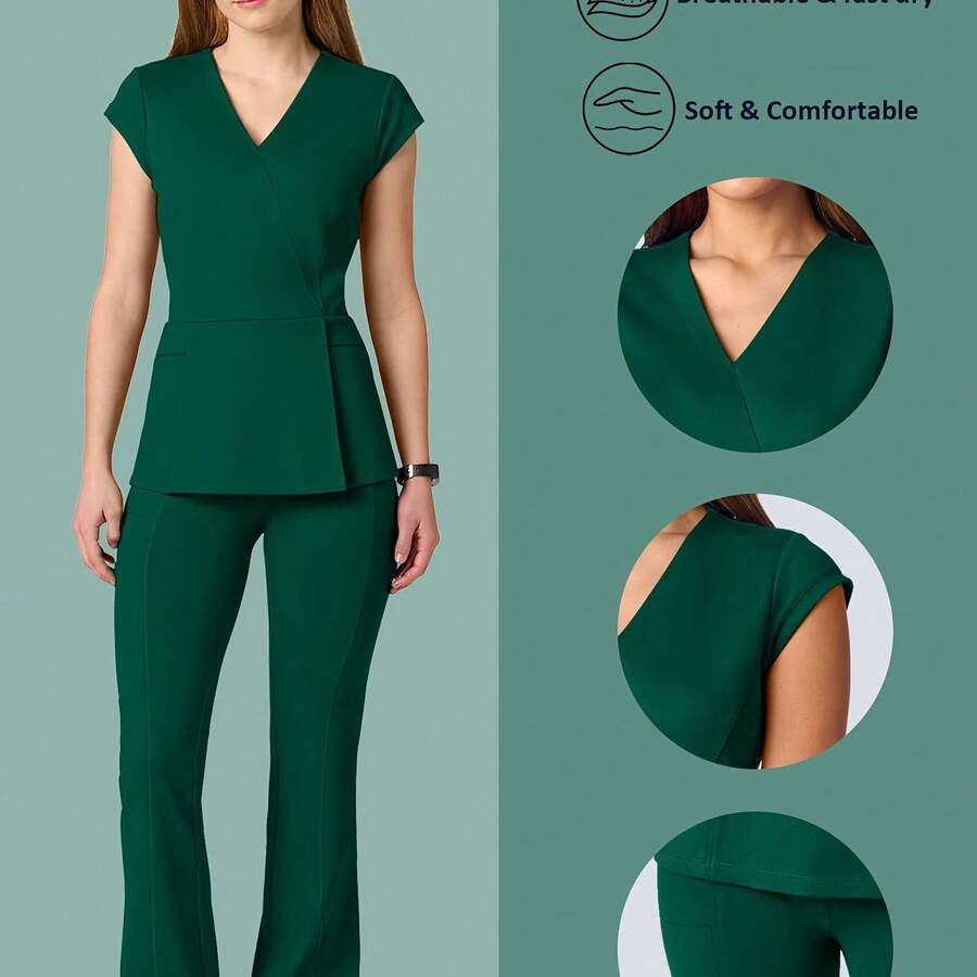 Soft Scrub Set Breathable Women's Elastic Jogging Nurse Uniform, V-Neck Top With Adjustable Waistband Pants, 2pcs Pockets Shirt Bottom Suit For Doctors Healthcare Workers Nurses Accessories Workwear, Comfortable Outfit - Màu xanh lá cây đậm - Xem 1