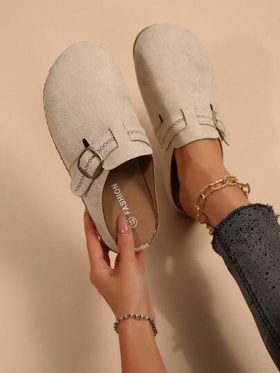 New Fashion Thick-Sole Slip-On Loafers, Mule Soft Comfort Slip-On Shoes, Faux Suede Fabric Metal Buckle Round Toe Flat Mules. Versatile Thick-Sole Shoes For Daily, Commute, Casual, Vacation