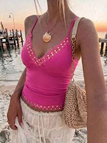 Áo tank top ren ôm sát gợi cảm kiểu Y2K cổ chữ V sâu, hở lưng, phù hợp cho kỳ nghỉ hè ở bãi biển, lễ hội âm nhạc và buổi hòa nhạc. - Màu Hồng Tươi - Xem 5